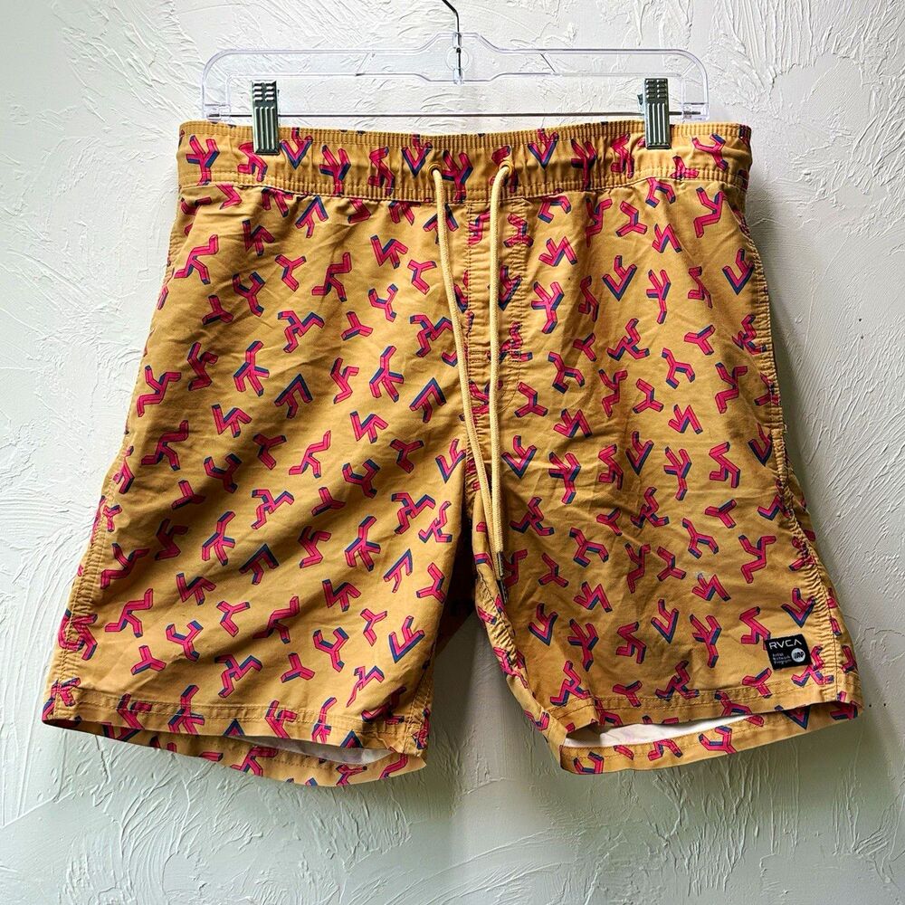 RVCA Men's Tan Geometric Nylon Swim Trunks Drawstring Pockets Logo